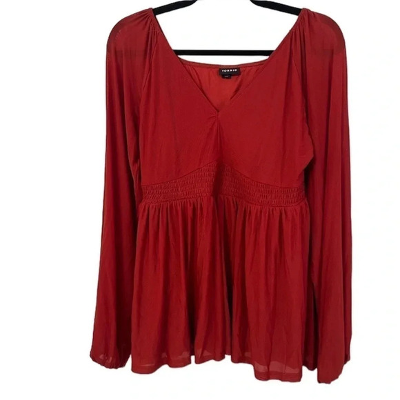 Torrid Stretch Mesh V-Neck Smocked Waist Babydoll Top Red Size 00, M, 10 GUC - Picture 1 of 9